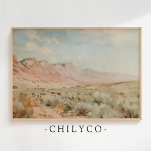 Può includere: Un dipinto ad acquerello di un paesaggio desertico con una catena montuosa sullo sfondo. Le montagne sono di un delicato colore rosa e arancio, e il primo piano è ricoperto da vegetazione verde. Il cielo è di un azzurro chiaro con nuvole bianche.