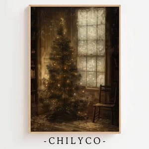 Moody Vintage Christmas Tree | Antique Christmas Printable Art | Dark Academia Christmas | Dark Snowy Holiday Art | Rustic Christmas Tree