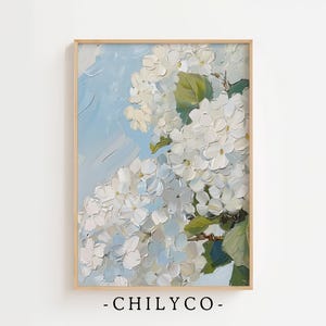 Blauwe hortensia bloemenprint | Lenteolieverfschilderij | Zomerbloemen woondecoratie | Botanische boerderijkunst aan de muur | Wit olieverfschilderij met hortensia&#39;s