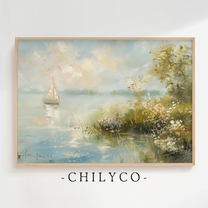 Vintage Sailboat Painting Print | Nautical Wall Art Summer Oil Painting | Seascape Summer Decor Digital Download | Antique Lake House