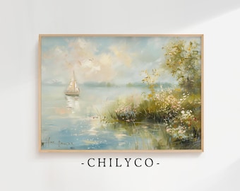 ヴィンテージ帆船の絵画プリント | 夏の海をイメージしたウォールアート油絵 | 夏の海景装飾 デジタルダウンロード | アンティークな湖畔の家