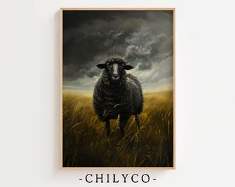Vintage schwarzes Schaf Ölgemälde | Stimmungsvolles Bauernhaus Kunst | Landhaus Ölgemälde | Schwarze Schafe Dunkle Kunst | Ländliche Landschaft