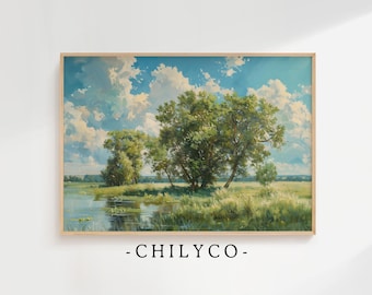 Décoration Lake House | impression vintage de paysage de lac d'été | Peinture à l'huile antique de lac rustique | Art mural imprimable | Art lumineux de la forêt d'été