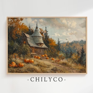 Vintage Zauberer Cottage Ölgemälde | Herbst in Europa | Zauberschule Kunst | Rustikales Landhaus im Herbst | Herbst Dekor