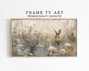 Bunny Samsung Frame TV Art | Spring Floral TV Art |Vintage Style Wildflower Field Painting | Easter Bunny Screensaver | Antique Rabbit