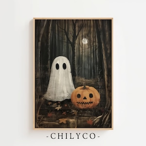 Dark Forest with Ghosts Print | Printable Vintage Halloween Wall Art | Dark Cottagecore Print | Rustic Farmhouse Art | Dark Academia Decor