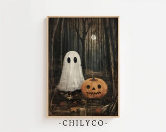Dunkler Wald mit Gespenster Poster | Druckbare Vintage Halloween Wandkunst | Dark Cottagecore Druck | Rustikale Bauernhaus Kunst | Dark Academia Dekor