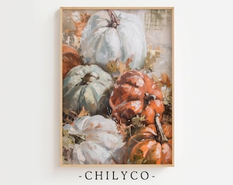 Fall Pumpkins Oil Painting | Pumpkin Printable Art | Autumn Pumpkin Patch | Halloween Art | Fall Pumpkin Landscape | Vintage Pumpkins Art