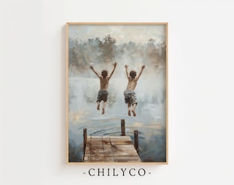 Boys Jumping Lake Art Print | Printable Vintage Lake Oil Painting | Summer Lake Memories | Landscape Oil Painting | Lake Cabin Wall Art