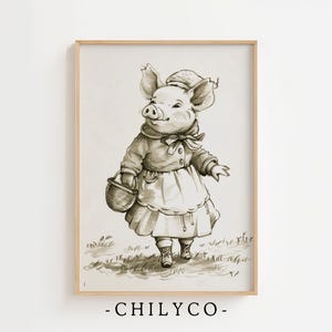 May include: A framed sepia-toned print of a pig wearing a hat, jacket, and apron, carrying a basket. The pig is depicted in a vintage style, standing on grass. The text "-CHILYCO-" is at the bottom of the frame.