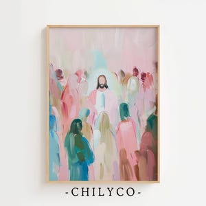 May include: An abstract painting in a wooden frame, featuring a central figure surrounded by a crowd. The artwork uses a palette of pinks, blues, and greens, with a bright light emanating from the central figure. The text "-CHILYCO-" is at the bottom.