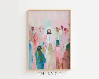Pastel Jesus Preaching Oil Painting | Vintage Bright Christian Art | Christianity Digital Art | Jesus Teaching Artwork | Abstract Jesus Art