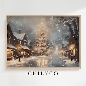 Vintage Christmas Town Print | Winter Wall Art | Rustic Christmas Village | Seasonal Home Decor | Christmas Tree Oil Painting