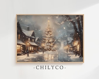 Vintage Christmas Town Print | Winter Wall Art | Rustic Christmas Village | Seasonal Home Decor | Christmas Tree Oil Painting