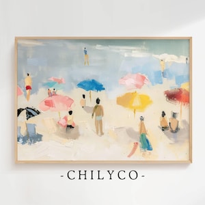 Abstracte mensen op het strand afdrukbare kunst | Vintage olieverfschilderij | Kleurrijke strandkunst | Leuk strandhuisdecor | Oceaankunstwerk | Zomerkunst