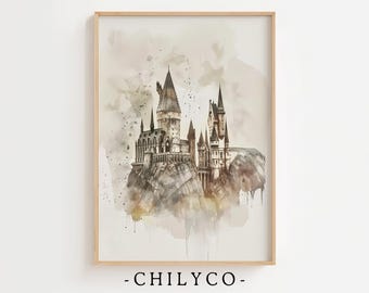 Castello del mago neutro, acquerello / Decorazioni per bambini con tema magico / Decorazioni per cameretta con ventaglio di libri / Arte per cameretta del mago / Regalo per baby shower