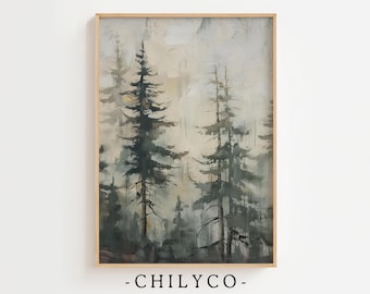 Vintage Pine Tree Forest Watercolor Art | Foggy Landscape | Calming Wall Decor | Misty Pine Trees Wall Art | Earth Tone Print | Hiker Gift