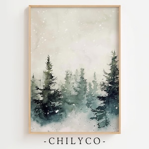 Pintura antigua de bosque invernal / Impresión navideña abstracta / Paisaje invernal nevado / Pintura en acuarela de árboles de hoja perenne / Bosque de pinos