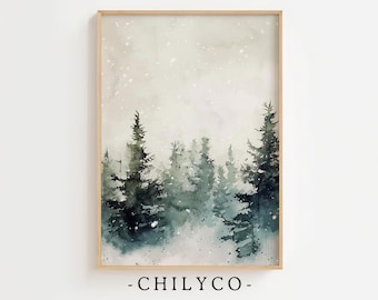 Antique Winter Forest Painting | Abstract Christmas Print | Snowy Winter Landscape | Evergreen Trees Watercolor Painting | Pine Tree Forest