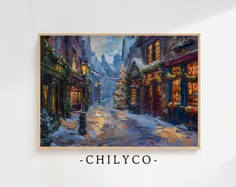 Vintage Wizarding Town at Christmas | Holiday Harry Art | Winter Magical Village Art | Magical Christmas Oil Painting | Vintage Winter Town