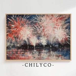 Oeuvre d'art imprimable pour feux d'artifice | Art du 4 juillet | peinture à l'huile vintage feux d'artifice | Feux d'artifice rouges, blancs et bleus | Fête de l'indépendance