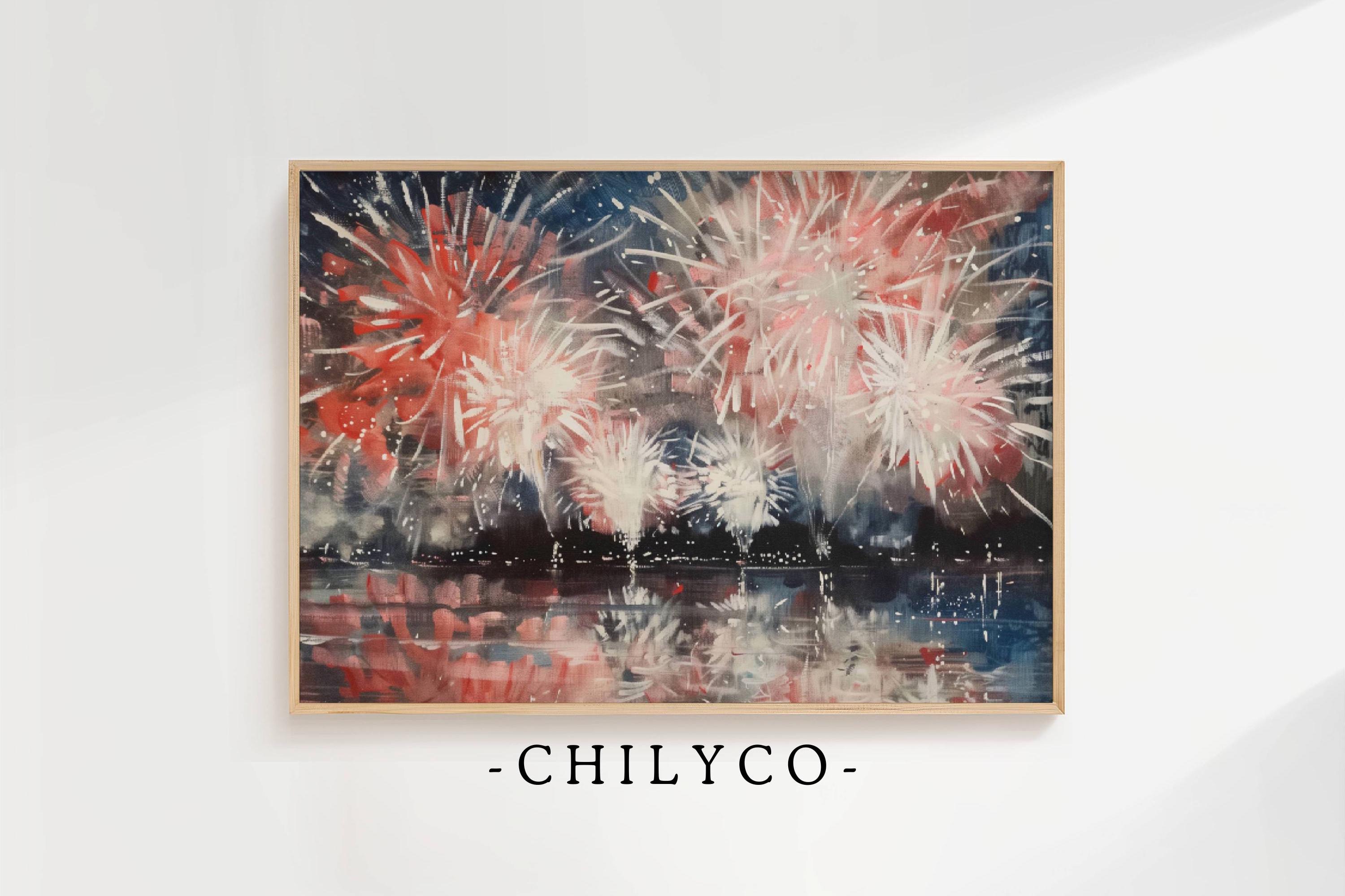 Printable Fireworks Artwork | Fourth of July Art | Vintage Fireworks Oil Painting | Red, White and Blue Fireworks | Independence Day