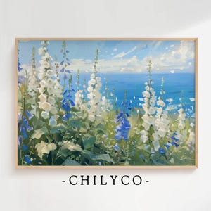 Delphiniums bleus et blancs oeuvres d'art | Art numérique instantané | Art imprimable jacinthe des bois | Fleurs Bluebell | Fleurs au bord de l'océan | Fleurs sauvages côtières