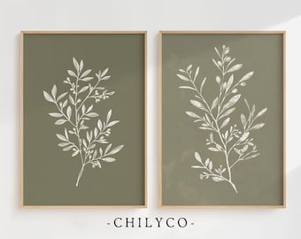 Olive Green Botanical Print | French Country Wall Art | Vintage Farmhouse Decor | Minimalist Floral Wall Art | Botanical Art Bundle
