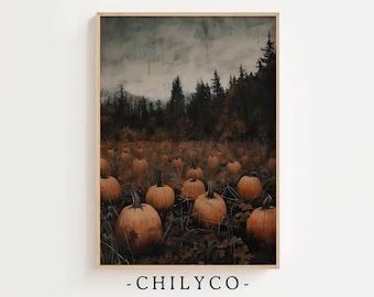 Vintage Moody Pumpkin Patch Decor | Dark Pumpkin Patch Oil Painting | Halloween Pumpkins Art | Haunted Pumpkin Patch Art | Autumn Pumpkins