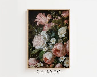 Dark Academia Botanical Wall Art | Moody Vintage Dark Flower Print | Floral Pink Roses Still Life Oil Painting | Printable Digital Art