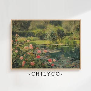 Vintage Garden Pond Oil Painting | Botanical Landscape Art | Impressionist Floral Art | Vintage Abstract Art Print | Antique Lily Pond Art