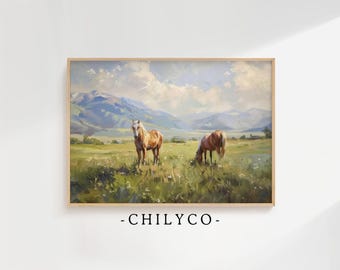 Wild Horses in the Meadow | Printable Oil Painting | Grazing Horses | Wildflower Meadow Art | Country Farmhouse Wall Art