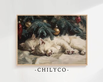 May include: Two white kittens are sleeping under a Christmas tree decorated with red and gold ornaments. The kittens are curled up together, with their paws tucked under their bodies. The background is a soft, blurry green.