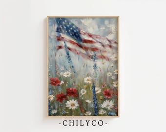 Patriotic American Flag Wall Art | 4th of July Flower Wall Art | Printable Garden Scene | USA Celebration Gift | Neutral Floral Artwork