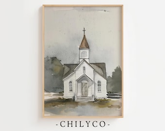 Arte de iglesia campestre en acuarela / Paisaje campestre vintage / Arquitectura de iglesias / Arte campestre francés / Decoración minimalista de granja