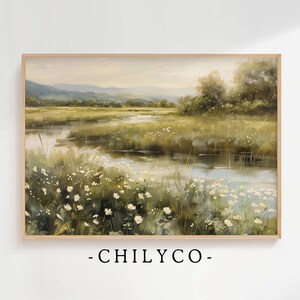 Neutral Spring Art Print | Vintage Farmhouse Print | Spring Art Digital Download | Spring Printable Wildflower Field Landscape Painting