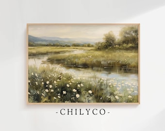Neutral Frühling Kunstdruck | Vintage Bauernhaus Kunstdruck | Frühling Kunst digitaler Download | Frühling Wildblumen Landschaft Gemälde zum Ausdrucken