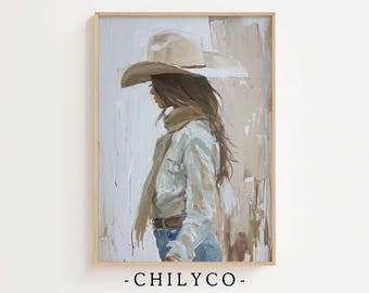 Abstracte cowgirl-muurkunst | Modern westers olieverfschilderij | Donkerbruin meisje met cowboyhoed |  Rustieke boerderij | Uniek decor in cowgirl-stijl