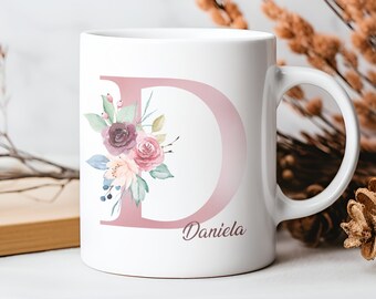 personalisierte Tasse mit Buchstaben und Namen | Keramik | Tasse mit Namen | Blumenmuster | Personalisiert mit Wunschnamen