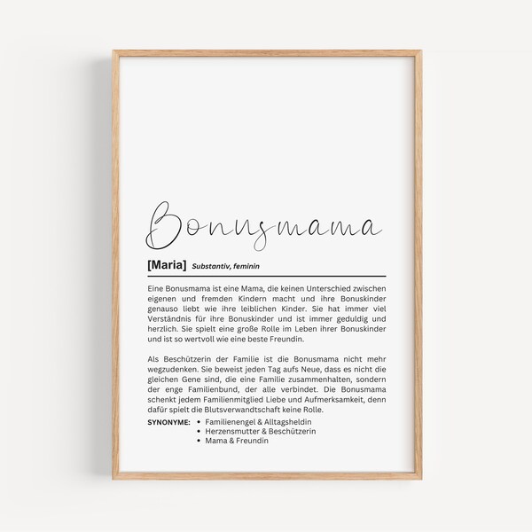 Bonusmama Définition Poster I Bonusmama I Belle-mère | Maman remplaçante | Affiche personnalisée | Cadeau | anniversaire | Merci | Fête des mères