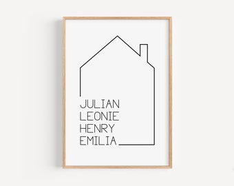 Gepersonaliseerde familieposter met coördinaten - verhuizen, familie, huis, huis met naam, thuisfoto, housewarming cadeau, topping-ceremonie