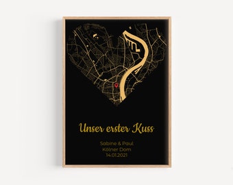 Pärchen Geschenk Personalisiert | Geschenk für Sie und Ihn | Unser erster Kuss Poster | Koordinaten Poster | Jahrestag Hochzeit Verlobung