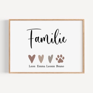 Familienposter mit Namen der Familie personalisiert, Familienbild, Herzfamilie Geschenk Geburt Hochzeit Umzug Geburtstag Taufe, Herz Pfote Bild 1