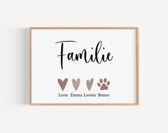 Familienposter mit Namen der Familie personalisiert, Familienbild, Herzfamilie Geschenk Geburt Hochzeit Umzug Geburtstag Taufe, Herz Pfote