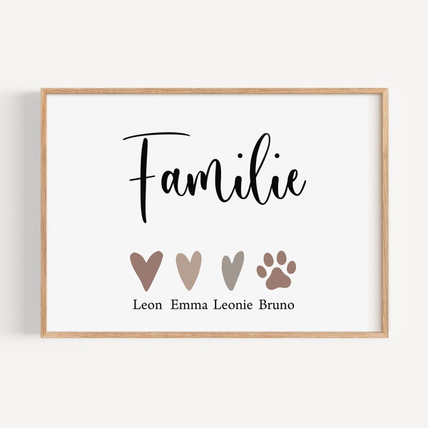 Familienposter mit Namen der Familie personalisiert, Familienbild, Herzfamilie Geschenk Geburt Hochzeit Umzug Geburtstag Taufe, Herz Pfote