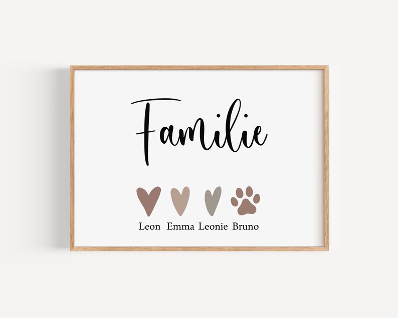 Familienposter mit Namen der Familie personalisiert, Familienbild, Herzfamilie Geschenk Geburt Hochzeit Umzug Geburtstag Taufe, Herz Pfote Bild 1