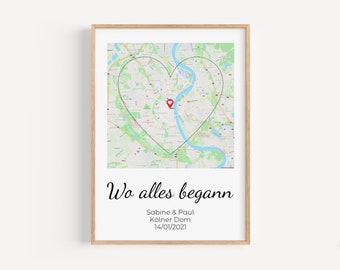 Wo alles begann Herz Bild | Pärchen Poster | Hochzeitsgeschenk personalisiert | Geschenk Hochzeit Jahrestag Verlobung Hochzeitstag