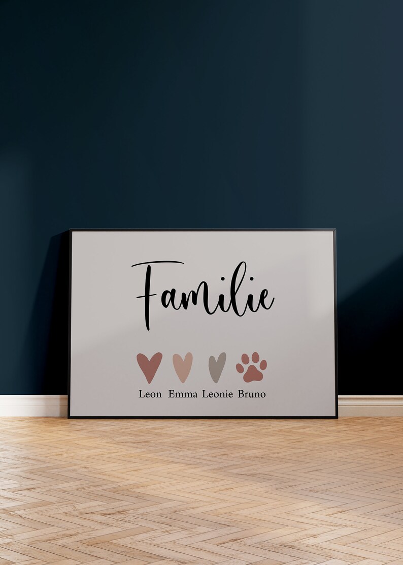 Familienposter mit Namen der Familie personalisiert, Familienbild, Herzfamilie Geschenk Geburt Hochzeit Umzug Geburtstag Taufe, Herz Pfote Bild 7