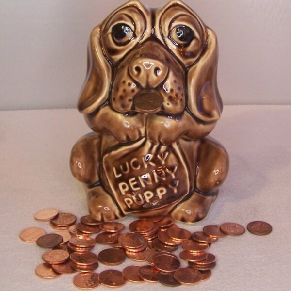 Vintage 1958 Genuine “Lucky Penny Puppy” McCoy (unmarked) Made in Ohio Good Luck Bank Puppy is Eager For Pennies from your Young Saver.
