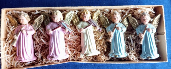 Vintage Handpainted Angel Figurines, Set of 5 Musicians, Germany US Zone